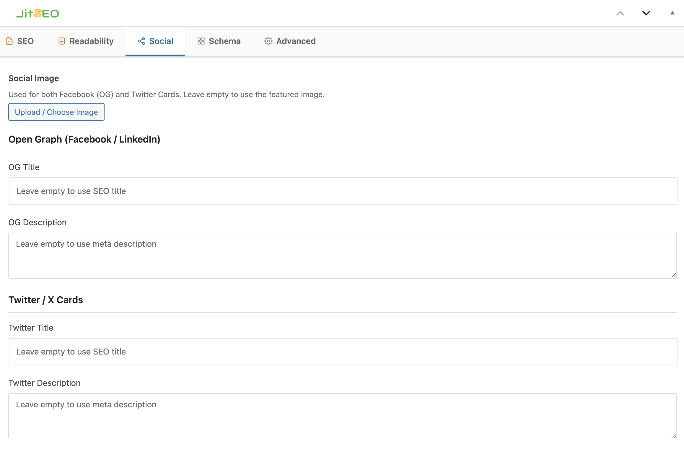 Social tab with Social Image upload and Open Graph / Twitter Card title and description fields